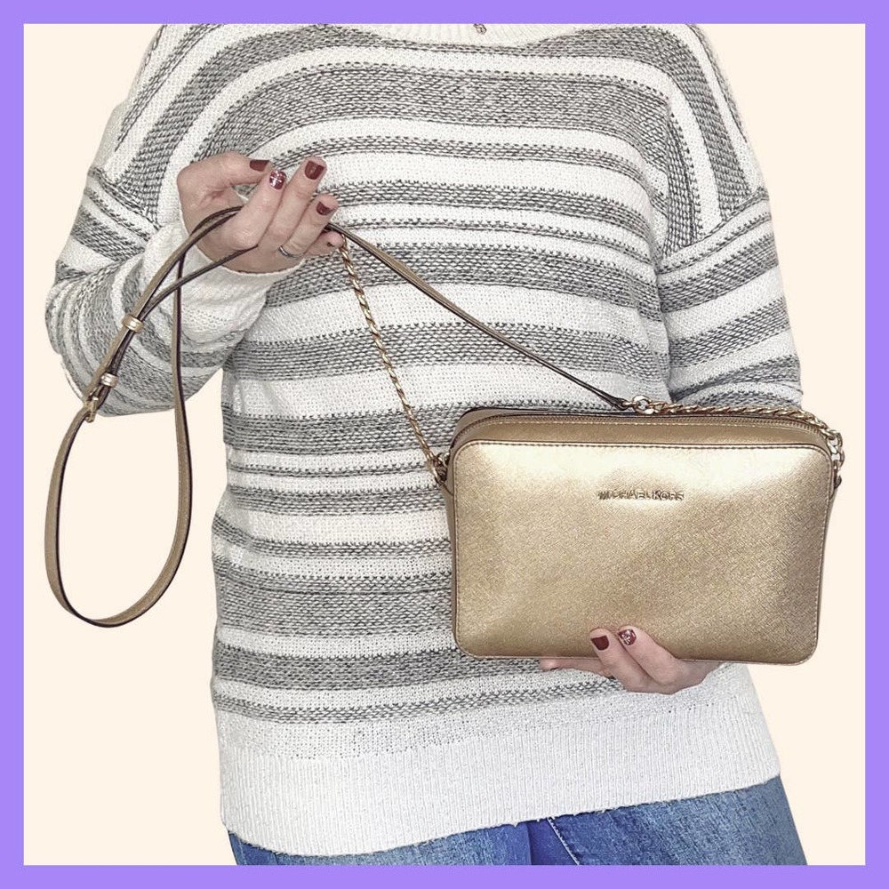 Michael Kors Jet S Set Saffiano Large Crossbody Bag in Pale Gold Leather
